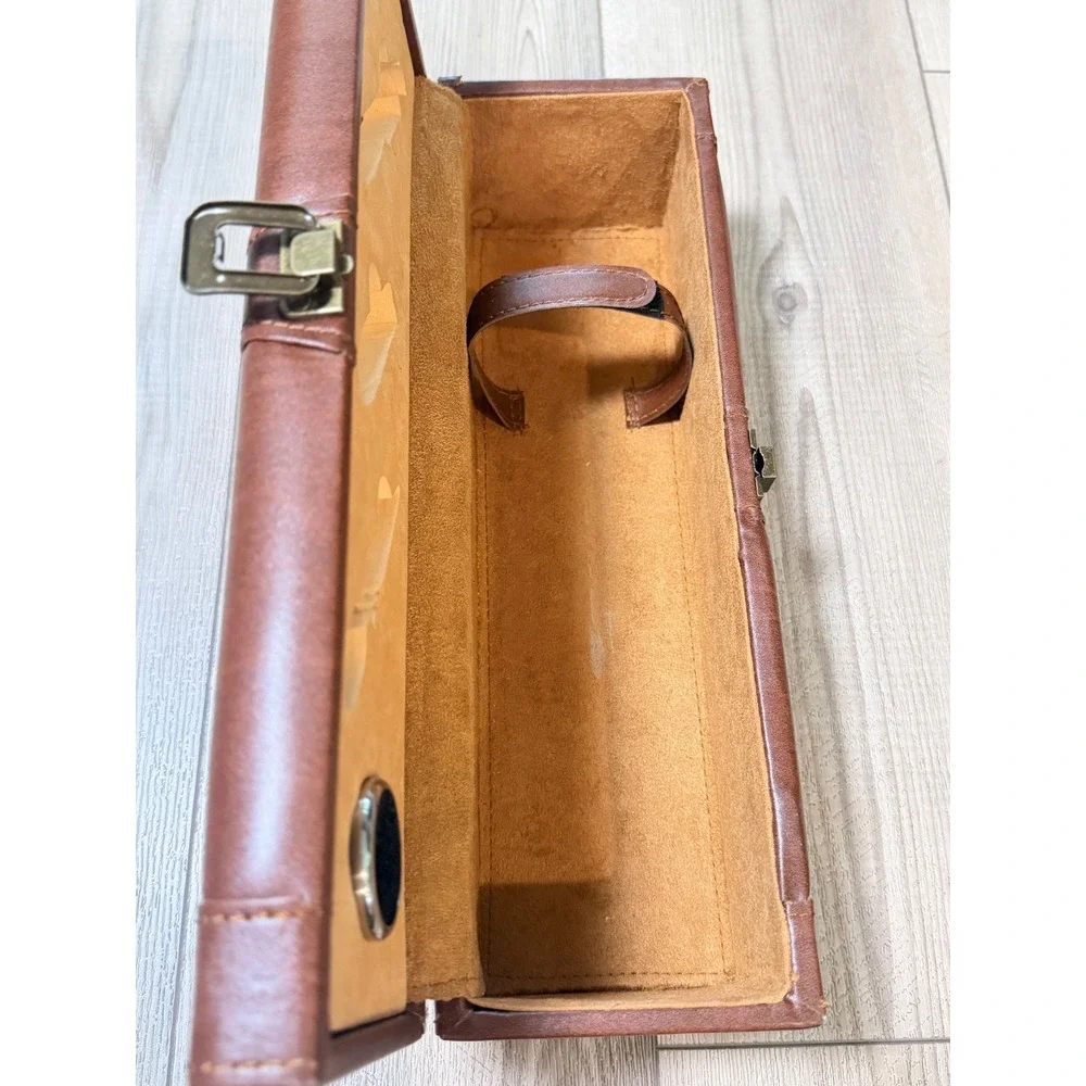 Vintage Brown Faux Leather Single Bottle Wine Carrier Case Brass Latch Travel